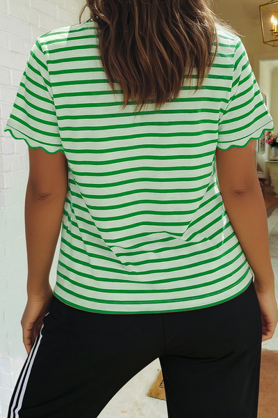 LAS Stripe Scalloped Trim Round Neck T Shirt Red