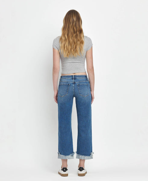 MID RISE RAW CUFFED HEM SLIM WIDE JEANS F5861: FOUR SEASON