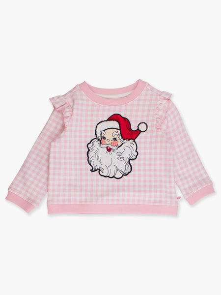 Santa Pink Gingham Applique Flutter Sweatshirt