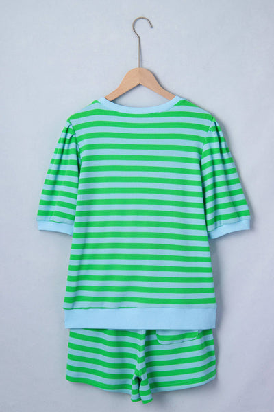 LDC Stripe Spring Puff Sleeve Shirt Matching Shorts SetGreen Stripe plus