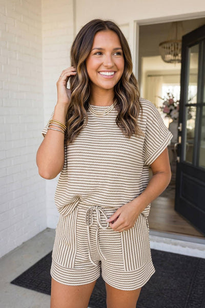 LAS Stripe Breathable Textured Knit Shorts Set Brown Stripe