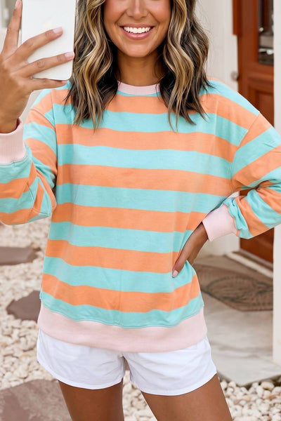 LDC Colorblock Striped Patchwork Shift Pullover Blouse: Orange Stripe