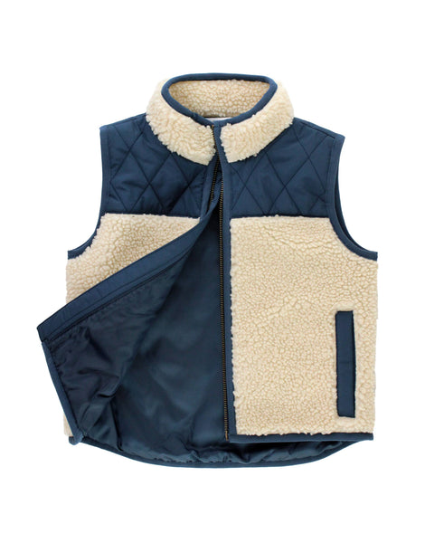 Boys Dark Navy Quilted Sherpa Vest: Blue