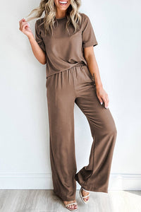 Smoke Gray Solid Color T Shirt 2pcs Wide Leg Pants Set: