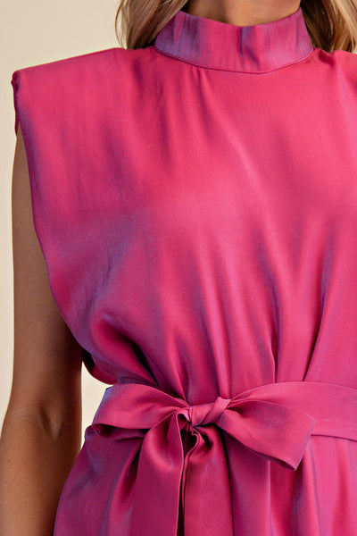 Mock Neck Shoulder Padded Waist Tie Mini Satin Dress: Red