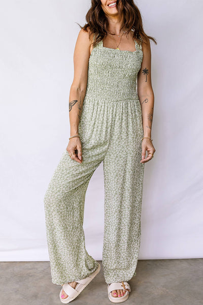 Floral Smocked Bodice Square Neck Sleeveless Jumpsuit Green