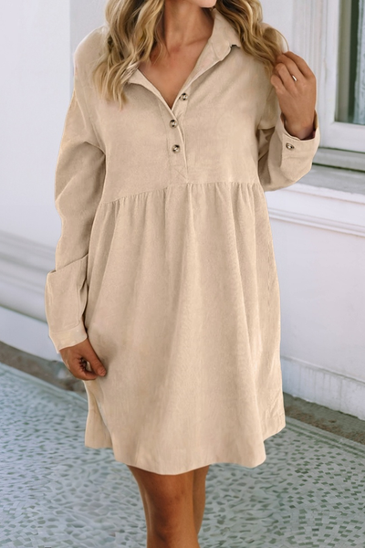 LDC Corduroy Half Button Collared Long Sleeve Mini Dress: Oatmeal