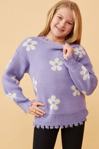 Girls Distressed Floral Patterned Pullover Sweater taupe
