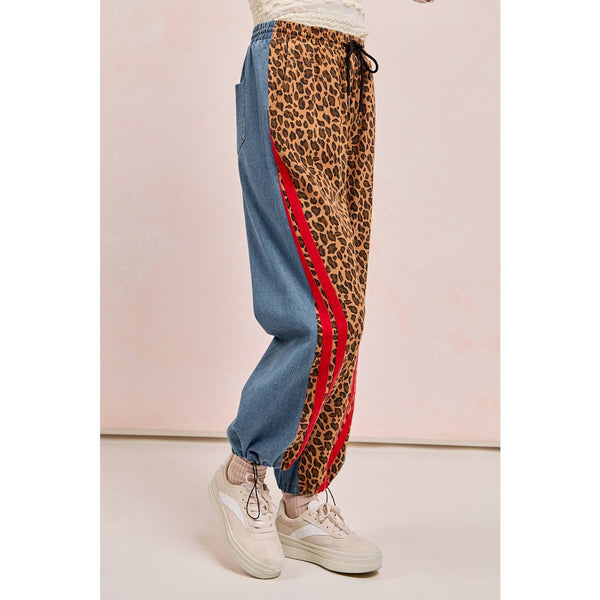 WASHED LEOPARD DENIM MIX AND MATCH JOGGER PANTS: LEOPARD/DENIM