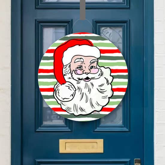 Vintage Santa on Christmas Stripes Door Hanger