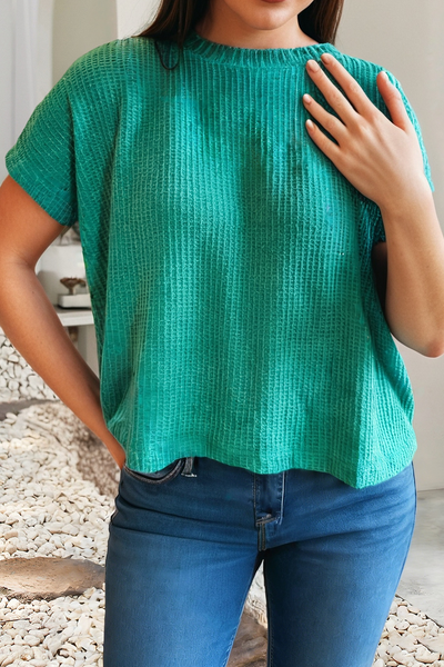 LDC Waffle Textured Knit Dolman Short Sleeve Sweater: Sea Green