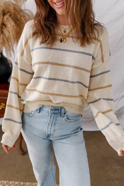 LDC Striped Ribbed Edge Drop Shoulder Sweater: Pink Stripe / S