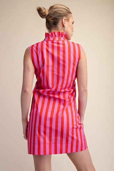 Ruffle Neck Sleeveless Waist Tie Detail Stripe Mini Dress: Pink