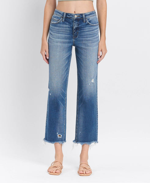 HIGH RISE FRAYED HEM CROP STRAIGHT JEANS F5569: ADMIRE