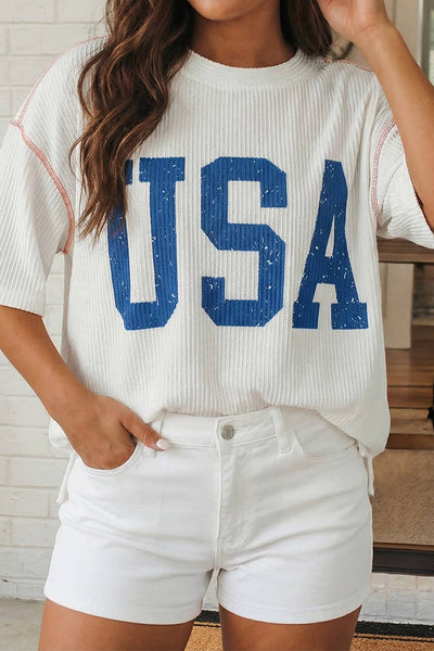 LAS USA Graphic Half Sleeve Loose Ribbed Top White