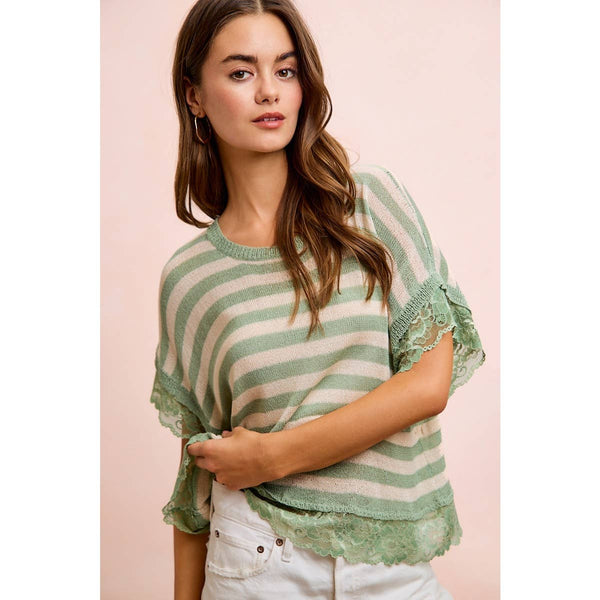 STRIPED CONTRAST LACE DETAIL LIGHTWEIGHT KNIT TOP: PALE BANANA / M