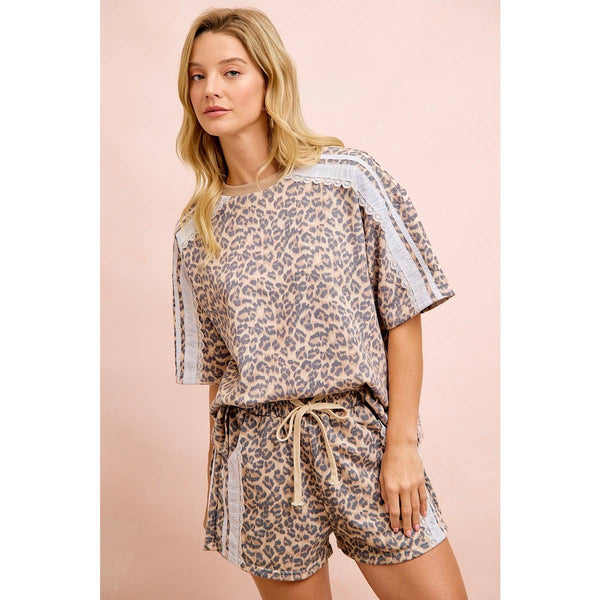 LEOPARD TERRY SIDE DETAIL SHORT SLEEVES TOP: