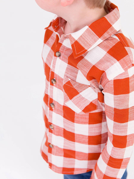 Boys Rust Plaid Long Sleeve Button Down Shirt: Orange