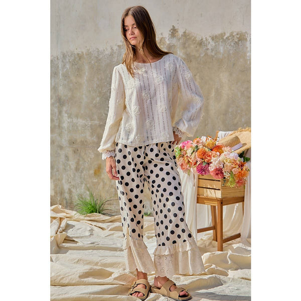 LINEN BLEND POLKA DOT PRINTED RUFFLE LACE HEM PANTS: CREAM/BLACK