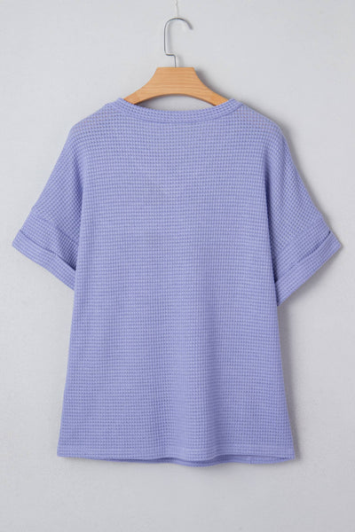 LAS Waffle V Neck Short Sleeve Knit Top Wisteria