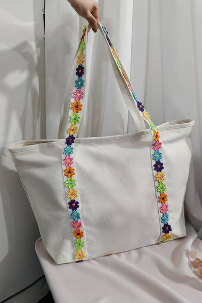 LAS Colorful Ricrac Detail Canvas Tote Bag: Large / White / One Size
