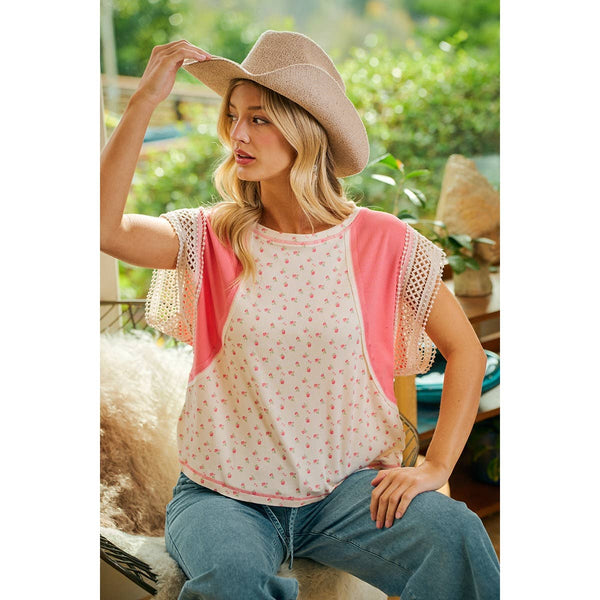 FLORAL RIB KNIT WITH CROCHET TRIM SLEEVES TOP: CORAL PINK / S