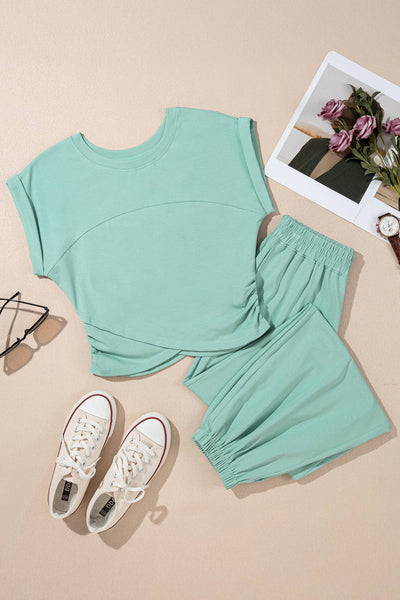 LAS Solid Color Cropped Tank Top and Jogger Pants Set Yellow Cream