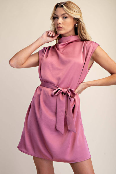 Mock Neck Waist Tie Sleeveless Mini Dress: Black