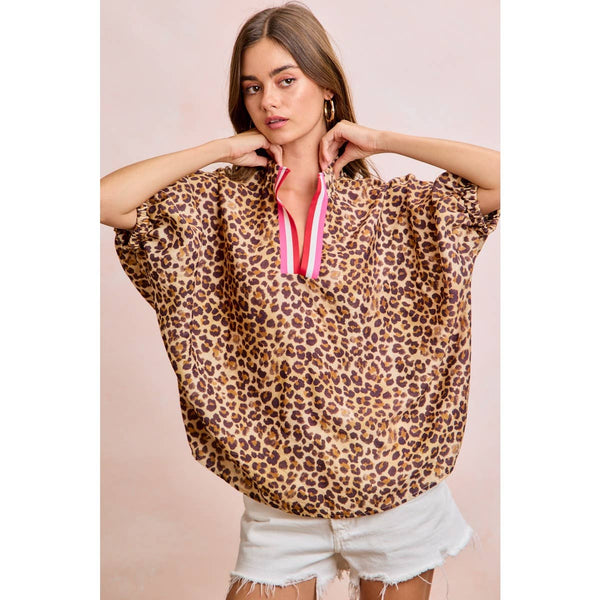LEOPARD CONTRAST BANDED DOLMAN SLEEVES BLOUSE TOP: LEOPARD / S
