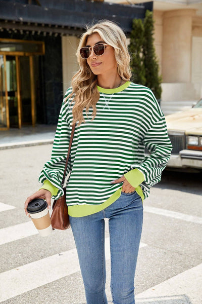 Striped Crew Neck Contrast Color Loose Long Sleeve Sweater: Black and white stripes