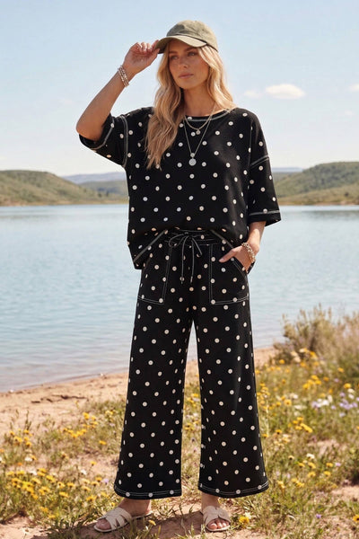 Heavy Scuba Polka Dot Short Sleeve Set: CREAM/BLACK