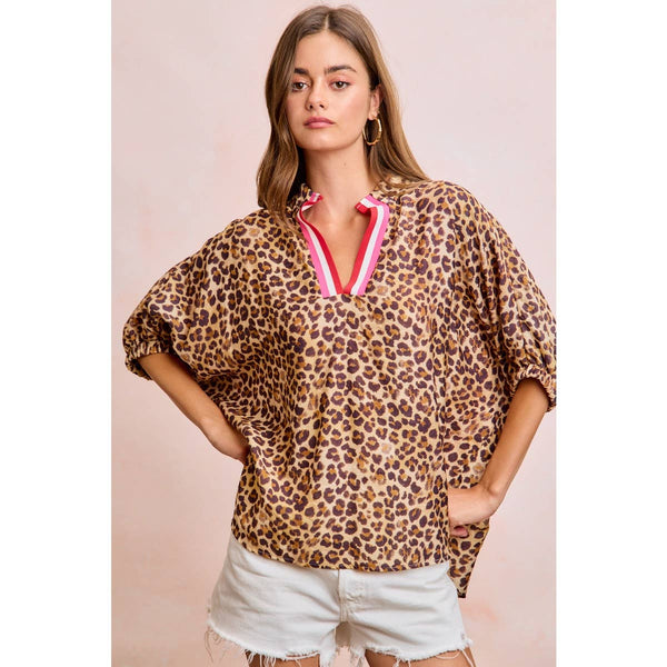 LEOPARD CONTRAST BANDED DOLMAN SLEEVES BLOUSE TOP: LEOPARD / S