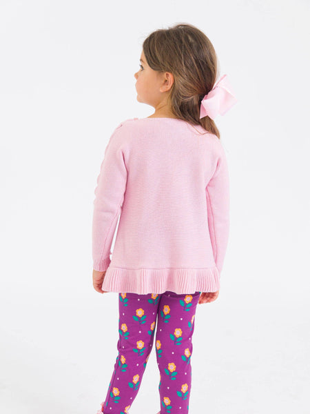 Girls Pink Ruffle Hem Lace Up Sweater