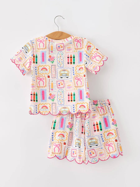 Back to School Print Girl Short Set Scallop Hem: