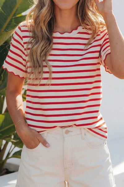 LAS Stripe Scalloped Trim Round Neck T Shirt Red