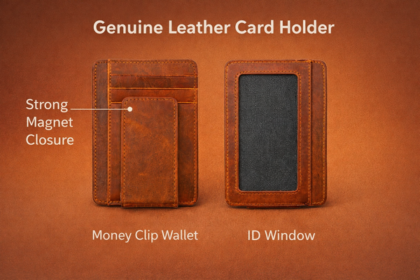 Leather Card Holder with Money Clip Minimalist Pocket wallet: Gray