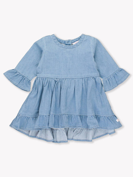 Girls Light Wash Denim Stretch Denim High Low Ruffle Tunic