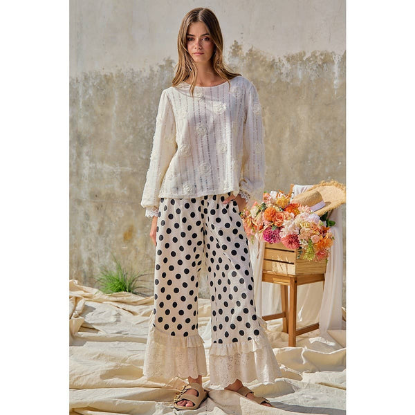 LINEN BLEND POLKA DOT PRINTED RUFFLE LACE HEM PANTS: CREAM/BLACK