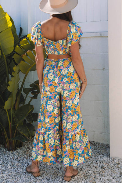 Floral Shirred Cut Out High Waist Jumpsuit: