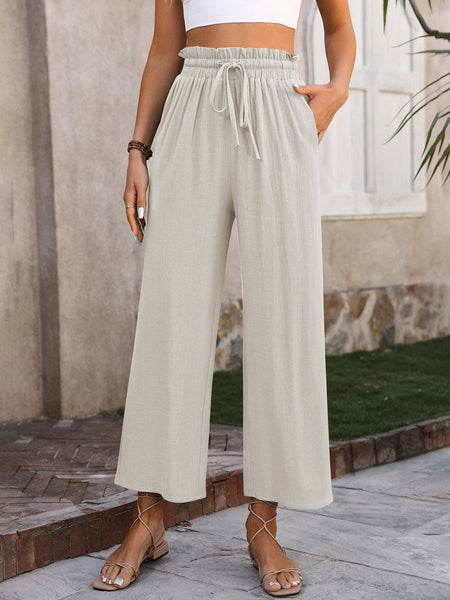 Casual High Waisted Loose Trousers: Beige / 30% Linen + 70% Rayon