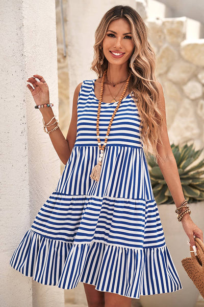 LDC Stripe U Neck Sleeveless Loose Fit Mini Dress: Sky Blue