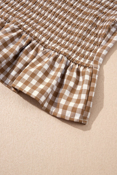 Plaid Smocked Bodice Three Quarter Sleeve Casual Top: Red