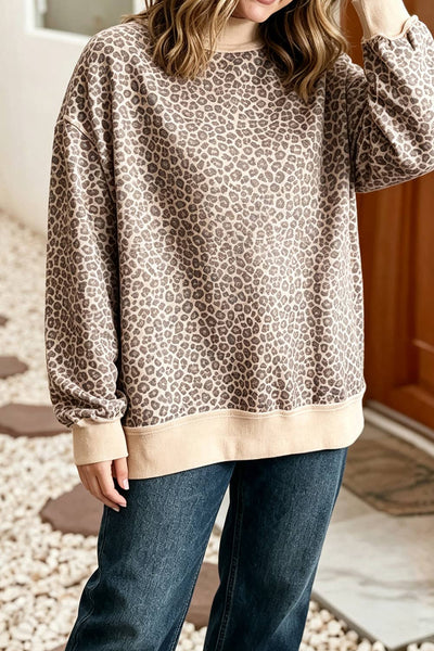LDC Leopard Print Ribbed Cuffs Hem Mock Neck Sweatshirt