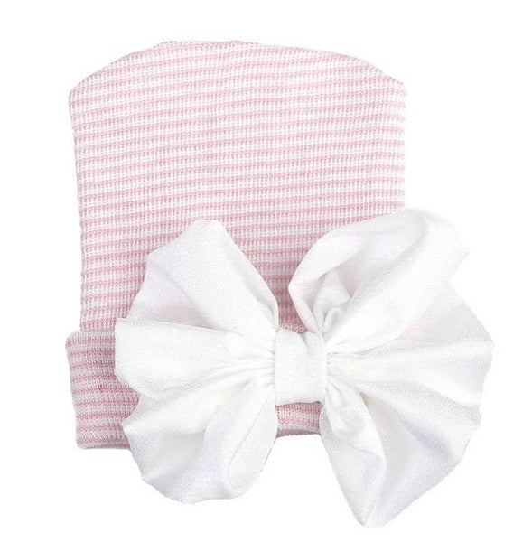 Newborn Hospital Hat, Gender Reveal, Embroidery, Monogram: White Pink / Satin Bow