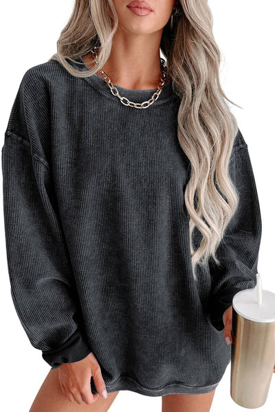 Custom Solid Ribbed Knit Round Neck Pullover Sweatshirt: Black / 100%Polyester