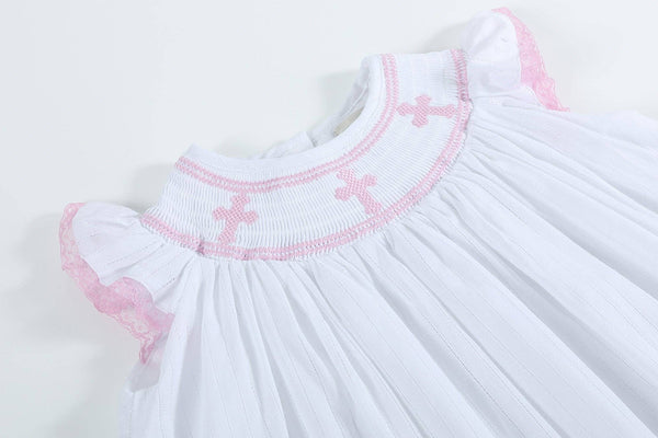 White and Pink Cross Smocked Bishop Dress: