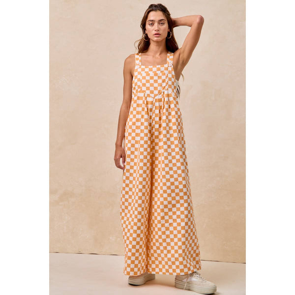 GAMEDAY THEME PLAID PRINTED OVERALL WITH PLEATS: RED / S