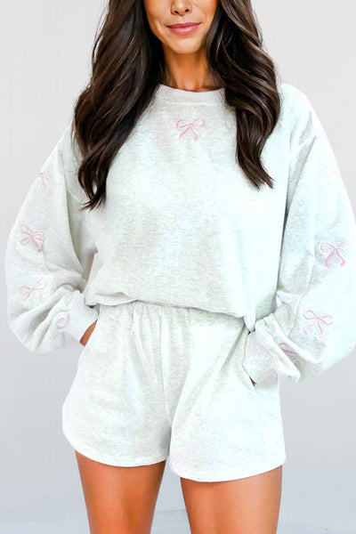 Bow Knot Embroidered Pullover & Shorts