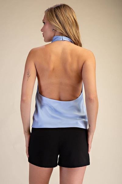 Halter Neck Cowl Neck Sleeveless Openback Satin Top: Dusty Blue / S