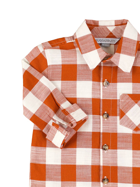 Boys Rust Plaid Long Sleeve Button Down Shirt: Orange